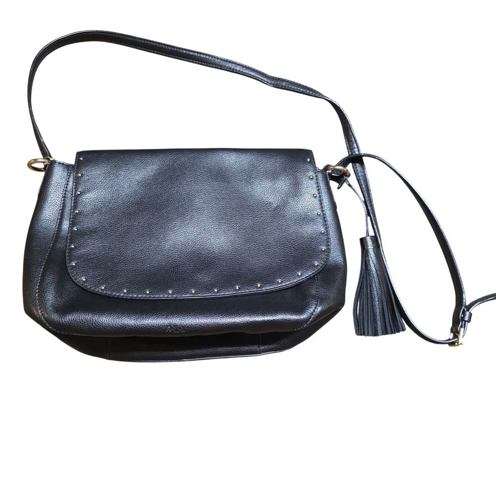 Lauren Ralph Lauren Black Leather Studded Tassel Crossbody Saddle Bag FLAWED